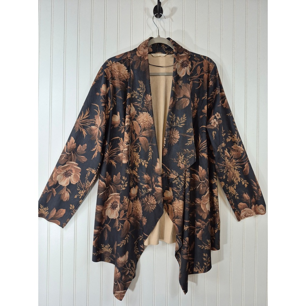 Soft Surroundings Faux Suede 1X Floral Draped Open Front Cardigan Jacket Brown